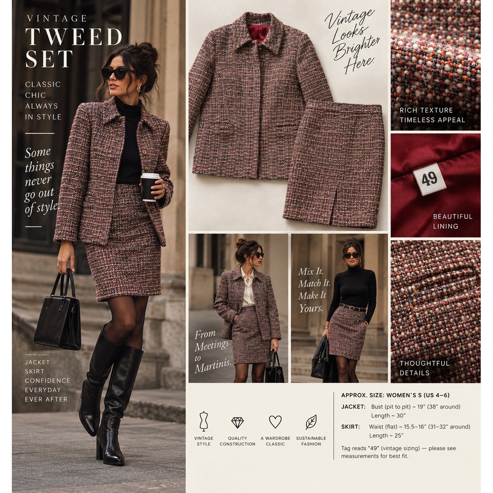 Vintage Boucle Tweed Skirt Suit 2 Piece Jacket Pencil Skirt Red Lined Size 6